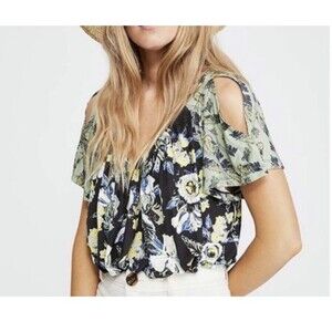 Free People Baja Babe Top Black Floral Tie Back Flutter Sleeve Boho Cottage Sz S